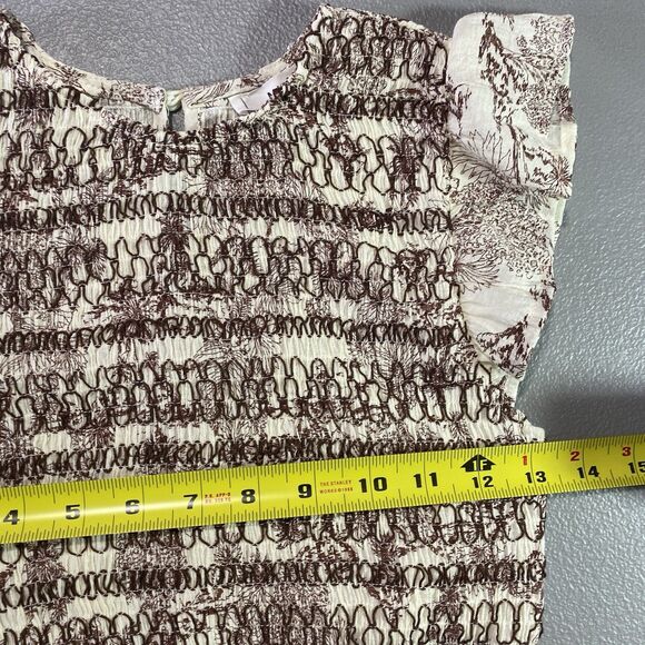 MINE Anthropologie Blouse Smocked Peplum Flutter Sleeve Womens S Cream Brown - Picture 6 of 13